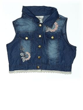 Rare Editions Denim Vest with Pink Floral Embroidery - Blue